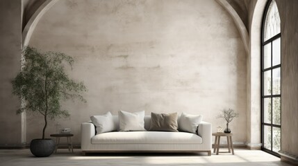 White sofa against arched window, interior design
