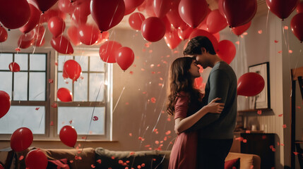 Jour de la Saint Valentin, Couple danse avec un décor de fêtes, ballon et confettis