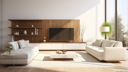 Fototapeta premium White sofa and TV in luxury room, interior design