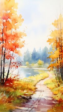 Autumn landscape with tree, water color