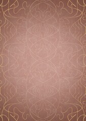 Hand-drawn unique abstract ornament. Light semi transparent pale pink on a pale pink background, with vignette of same pattern in golden glitter on a darker background color. A4. (pattern: p02-1d)