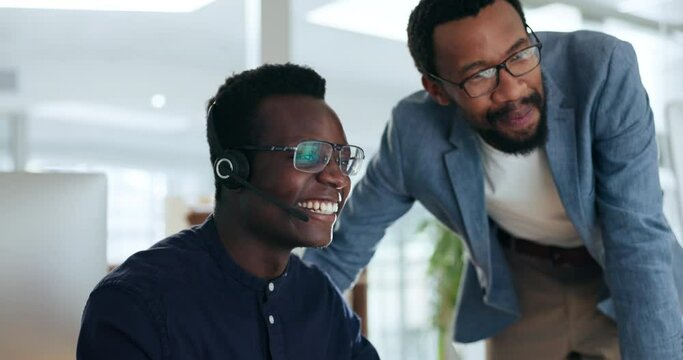 Business men, office and fist bump for friends, call center and greeting with respect, happy and consulting. African manager, contact and team building for goals, comic chat and telemarketing agency