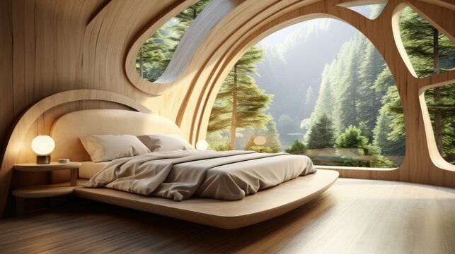 Wooden bed in chalet in hotel with natural view, Interior design
