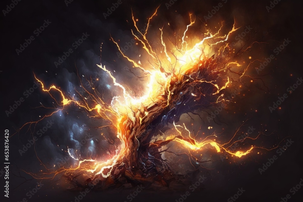 Poster burning tree on a dark background with a glowing flash