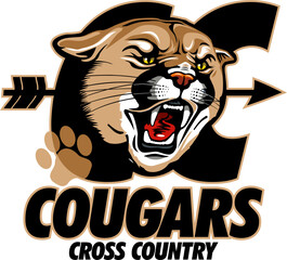 cougars cross country team design with mascot head for school, college or league sports