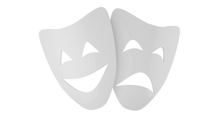 White comic and tragic masks isolated on transparent and white background. Theater concept. 3D rednder