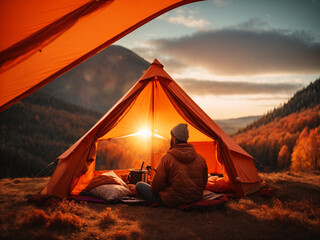 Traveler relaxing inside a orange tent and enjoy with morning time. AI Generative