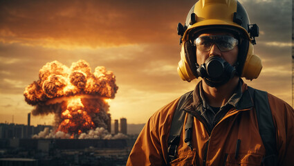 Professional heavy industry worker with Explosion of nuclear bomb in the capital. AI Generative