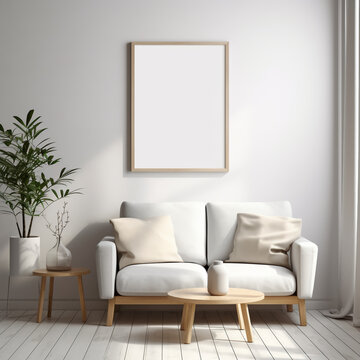Blank picture frame mockup on white wall. White living room design, created with Generative AI Technology.