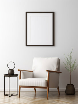 Blank picture frame mockup on white wall. White living room design. Mockup template for Design or product placement. created with Generative AI Technology.