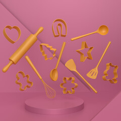 Abstract scene or podium with kitchen utensil on monochrome.