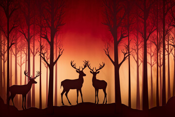 Fototapeta na wymiar Deep Red Backdrop Punctuated By Golden Reindeer Silhouette