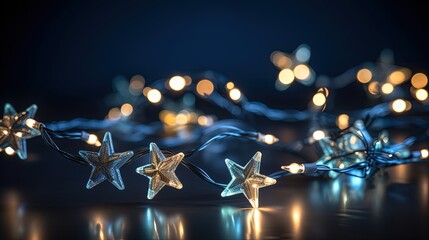 Christmas garland with gold star and warm lights on the table with reflection. New Year holidays soft focus background.