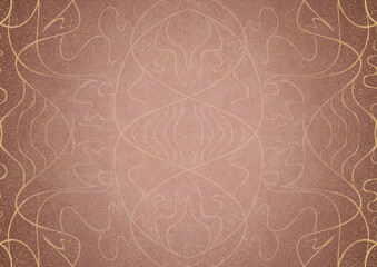 Hand-drawn abstract ornament. Light semi transparent pale pink and golden splatter on a pale pink back, with vignette of same pattern in gold on a darker color. Paper texture. A4. (pattern: p02-1a)