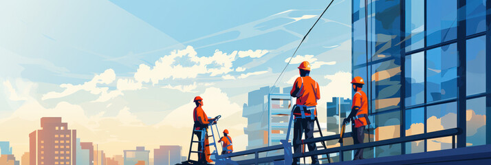 Window cleaners workers washing windows in a high-rise building, high-rise work in skyscrapers, illustration banner - obrazy, fototapety, plakaty