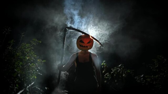 maniac with a pumpkin instead of a head and a burning scythe, scary monster, Halloween theme, Halloween monster, scary pumpkin, death with a scythe, horror