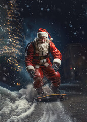 Santa Claus delivering gifts on a skateboard