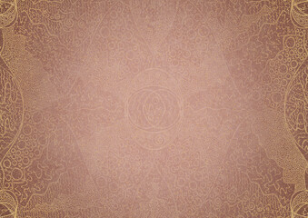 Hand-drawn abstract ornament. Light semi transparent pale pink and golden splatter on a pale pink back, with vignette of same pattern in gold on a darker color. Paper texture. A4. (pattern: p05a)