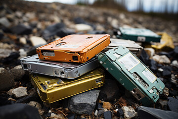 Used deteriorated electric batteries for cars, a dump of broken batteries, the problem of disposal and recycling of batteries for electric cars - obrazy, fototapety, plakaty
