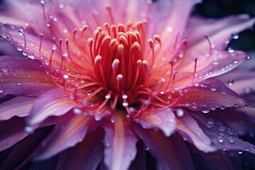 Close up of pink flower with dew drops on the petals. Generative Ai