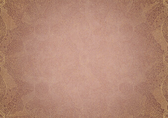Hand-drawn abstract ornament. Light semi transparent pale pink and golden splatter on a pale pink back, with vignette of same pattern in gold on a darker color. Paper texture. A4. (pattern: p05b)