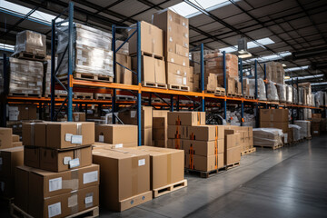 Retail warehouse with shelves on which are cardboard boxes, a store warehouse or a sorting room for product delivery