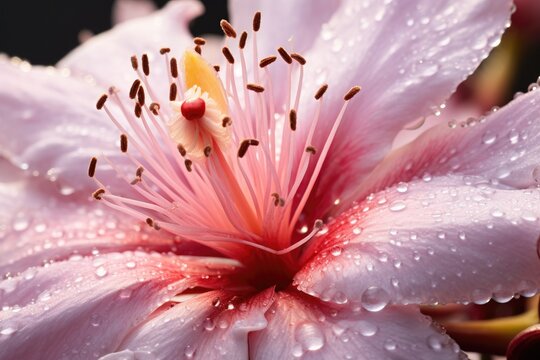 Close up of pink flower with dew drops on the petals. Generative Ai