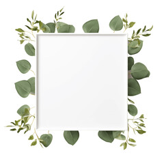 Fresh spring green Eucalyptus leaves frame template with curling blank sheet paper, isolated transparent, Generative AI