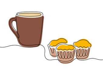 Coffee cup and muffins continuous line colourful vector illustration