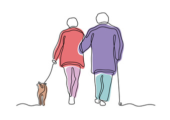 Elderly couple walking with a dog continuous line colourful vector illustration