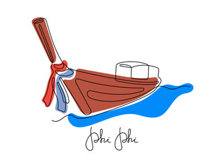 Thailand traditional long tail boat continuous line colourful vector illustration