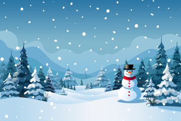 Snowman against the backdrop of forest and mountains in snowy weather. Beautiful winter landscape. Christmas design.