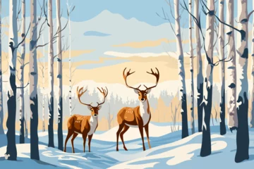 Fototapeten Beautiful pair of deer with large antlers in a winter forest among trees and snowdrifts. Winter landscape. Christmas design. © LoveSan