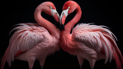 two flamingos isolated on black background.