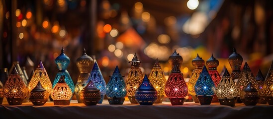 Moroccan lamps sold in Marrakesh medina s souk with unique handmade designs - obrazy, fototapety, plakaty