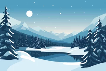 Gartenposter Blau Beautiful winter landscape. Moon over mountains, forest and lake in snowy weather.
