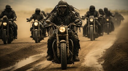 biker gang in the desert - obrazy, fototapety, plakaty