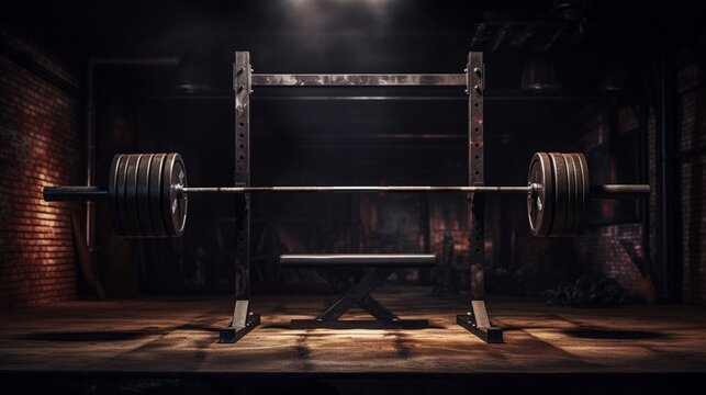 Bar for weight lifting on dark background in gym barbell. AI Generated