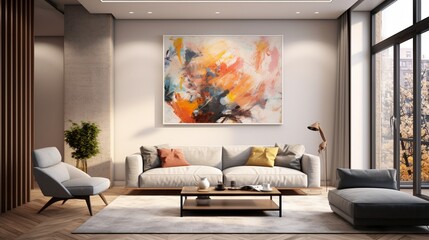 AI-generated detailed 3D render view of an artistic painting in a stylish living room
