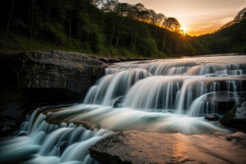 Obraz premium Harmony of nature in the embrace of a mighty waterfall. The magic of a sunset in a panorama of natural coziness.