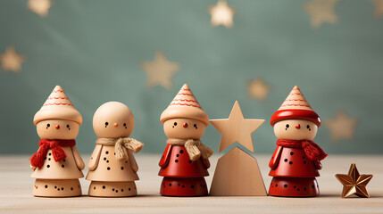 christmas decoration with wooden figures on wooden table. - obrazy, fototapety, plakaty
