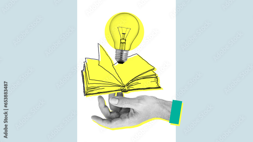 Poster collage with the hand with book and the lamp. learning bookworm, stack literature or eureka brainsto