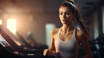 Fototapeta na wymiar Portrait of a beautiful woman working out at the gym, running on the treadmill, and doing fitness exercises, a healthy concept. AI-Generated