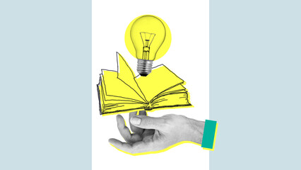 Collage with the hand with book and the lamp. Learning bookworm, stack literature or eureka...