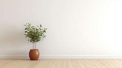 AI created White wall mockup, plant and wood floor