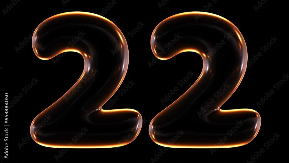 Poster seamless animation of glowing number 22 with light and reflections isolated on black background in 3