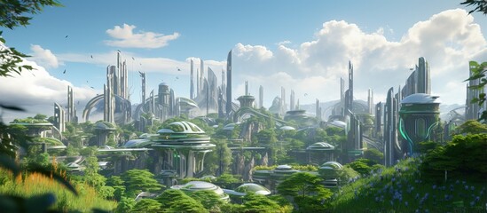 Futuristic city architecture with vegetated buildings and high rise structures in bright sunlight