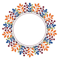 Autumn decorative round frame. Pattern with autumn elements - leaves, branches, berries. Vector illustration in doodle style