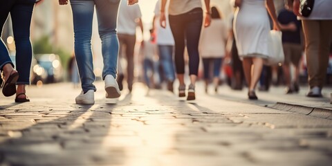 Fototapeta na wymiar AI Generated. AI Generative. Crowd people walking street legs in shoes. City urban background. Graphic Art
