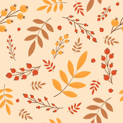 Seamless pattern with autumn leaves. Falling leaves. Autumn botanical background. Leaves and berries of mountain ash, oak. For design of banners, fabrics, textiles, wallpaper. Vector illustration